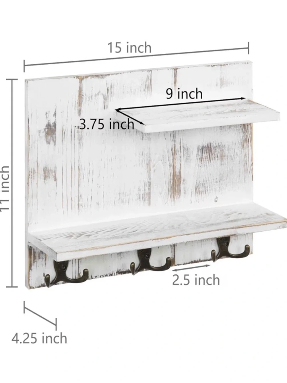 2 Tier Wood Bathroom Shelf w/3 Double Hooks White Washed Wall Mount Rack